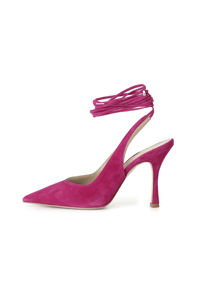 Pink suede high-heeled slingback shoe with a pointed toe, ankle ties, and a slender stiletto heel. Smooth texture and minimalist design.