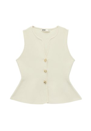 Ärmellose beige Damenweste mit tailliertem Schnitt, V-Ausschnitt und drei schildpattfarbenen Knöpfen auf der Vorderseite.