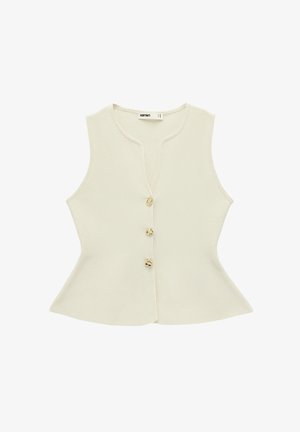 Mouwloos beige damesvest met getailleerde taille, V-hals en drie knopen van schildpadmotief aan de voorkant.