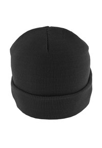 Black knit beanie hat with a folded cuff. The fabric texture is ribbed, and the shape is round with a snug fit at the top.