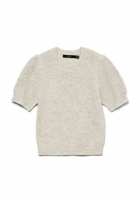 Pull en maille gris clair avec manches courtes bouffantes, motif à boules texturé et col rond. Confectionné dans un tissu doux et confortable.