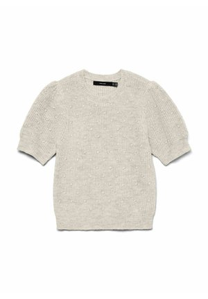 Hellgrauer Strickpullover mit kurzen Puffärmeln, strukturiertem Noppenmuster und Rundhalsausschnitt. Hergestellt aus einem weichen, gemütlichen Stoff.