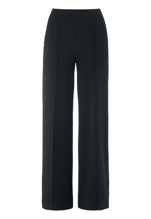 Wide-leg pants in solid black. Made of soft fabric with a smooth texture, featuring a high waistband and front pleats for added detail.
