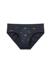 Granatowe bawełniane majtki z zabawnymi wzorami psów w czerwonym i niebieskim kolorze. Posiadają standardowy pas i dopasowaną przednią część dla wsparcia.