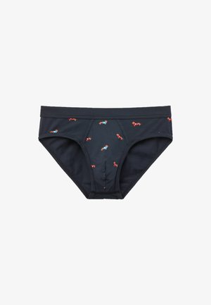 Marineblå bomuldsunderbukser med legende hundemønstre i rød og blå. Har en standard talje og en formet frontpanel for støtte.