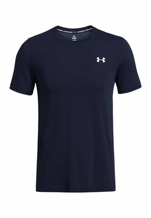 Laivastonsininen lyhythihainen T-paita, joka on tehty sileästä, kevyestä kankaasta. Siinä on pyöreä kaula-aukko ja vasemmassa rinnassa pieni valkoinen logo.