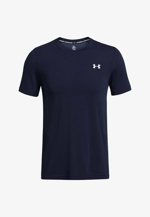 Laivastonsininen lyhythihainen T-paita, joka on tehty sileästä, kevyestä kankaasta. Siinä on pyöreä kaula-aukko ja vasemmassa rinnassa pieni valkoinen logo.