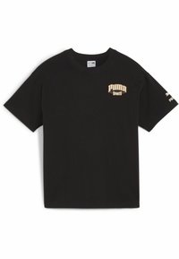 T-shirt in cotone nero con maniche corte, colletto a giro e logo PUMA in beige sul davanti e sulla manica. Vestibilità regolare, texture liscia.
