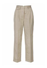 Beige linnen broek met een hoge taille, voorplooien en een enkele knoopsluiting. Rechte pijp met een gladde textuur.