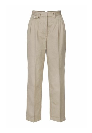 Beige linnen broek met een hoge taille, voorplooien en een enkele knoopsluiting. Rechte pijp met een gladde textuur.