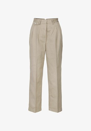 Beige Leinenhose mit hoher Taille, Bundfalten und einem einzigen Knopfverschluss. Gerader Schnitt mit einer glatten Textur.