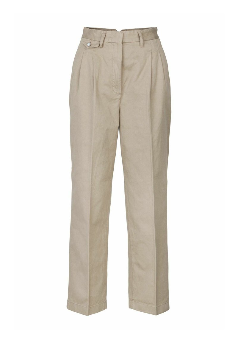 Beige linnen broek met een hoge taille, voorplooien en een enkele knoopsluiting. Rechte pijp met een gladde textuur.