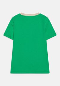 Grön bomullströja med korta ärmar och beige krage. Slät textur, enkel design och standard rund hals.