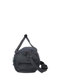 Sac de voyage en tissu noir avec une forme ronde, bandoulière ajustable et poche latérale. Design minimaliste et matériau durable.