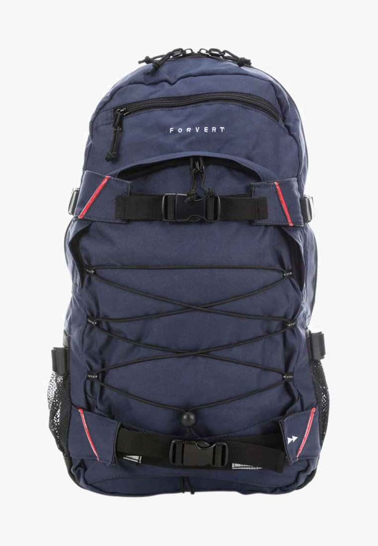 Sac à dos marine en tissu résistant, avec des bretelles réglables, des détails en cordon élastique, une poche zippée à l'avant et des poches latérales en mesh pour le rangement.