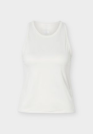 Hvid ærmeløs atletisk tanktop med rund halsudskæring, ensfarvet design og tætsiddende pasform mod en lys baggrund.