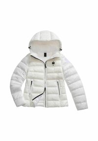 Witte pufferjack met capuchon, voorzien van een gewatteerd ontwerp, een ritssluiting aan de voorkant en twee zijzakken met zwarte accenten. Glad textiel.