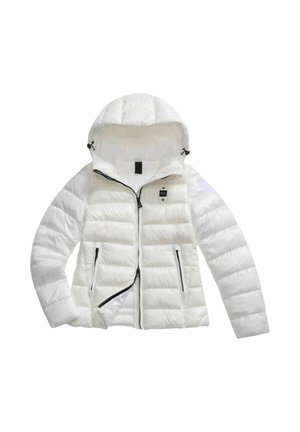 Giacca a vento bianca con cappuccio, caratterizzata da un design trapuntato, chiusura frontale con zip e due tasche laterali con dettagli neri. Texture liscia.