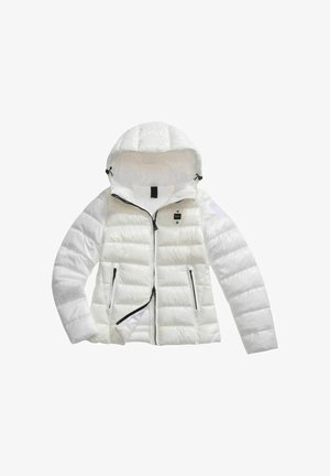 Weißer Puffer-Jacke mit Kapuze, ausgestattet mit einem gesteppten Design, Frontreißverschluss und zwei seitlichen Taschen mit schwarzen Akzenten. Glatte Textur.