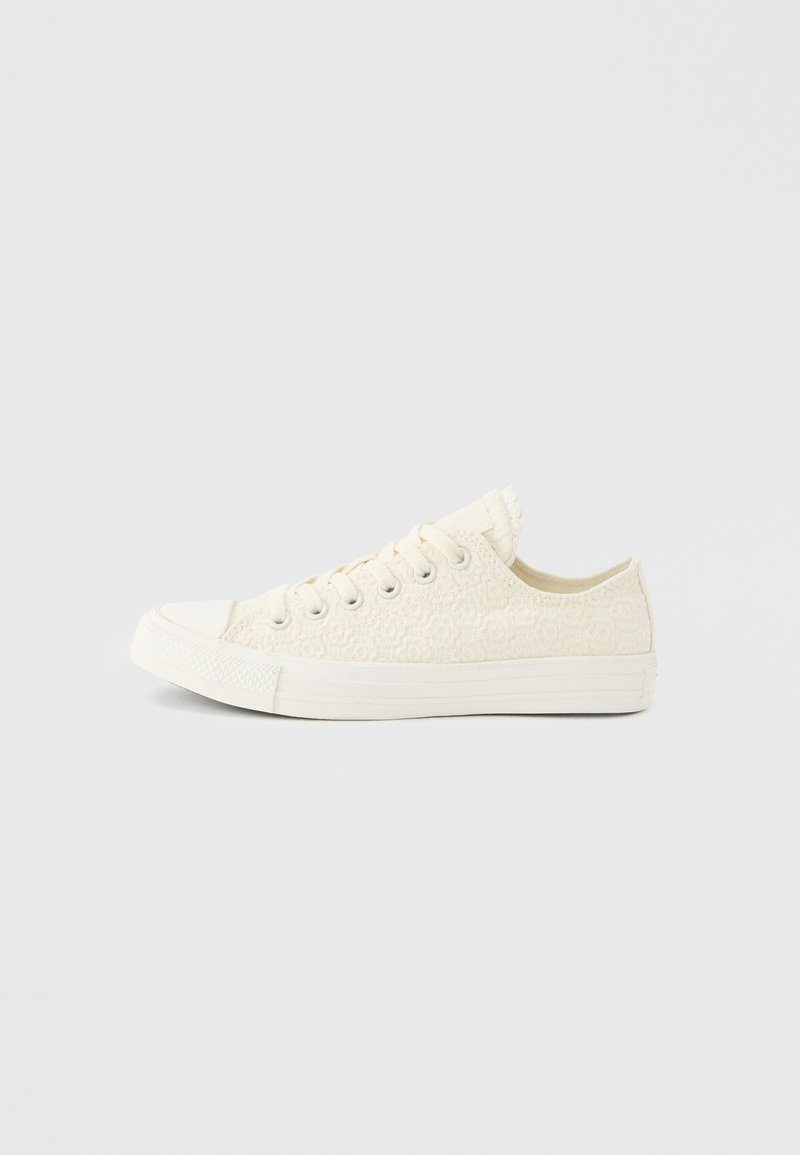 Άσπρο sneaker χαμηλού πέλματος με υφή δαντέλας, λευκό λάστιχο στη σόλα και λευκά κορδόνια σε ανοιχτό γκρι φόντο.