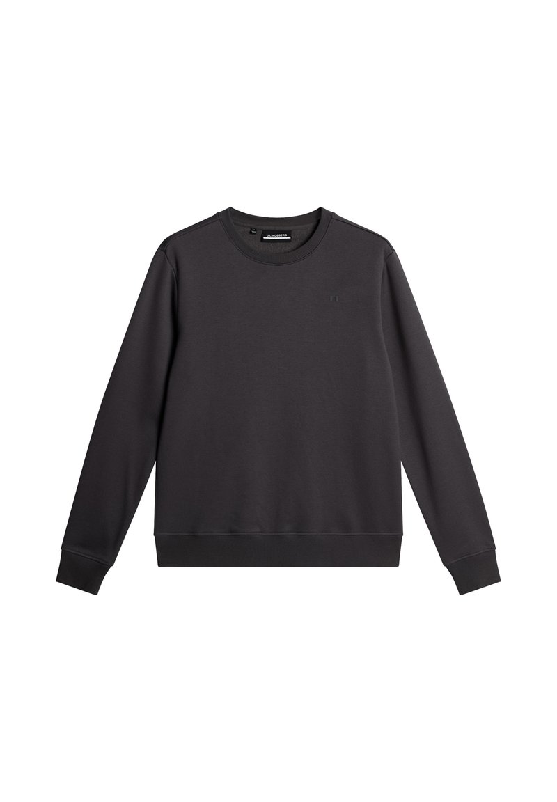 Sweatshirt gris foncé en tissu doux, avec un col rond, des manches longues, des poignets côtelés et un design minimaliste sans motifs.