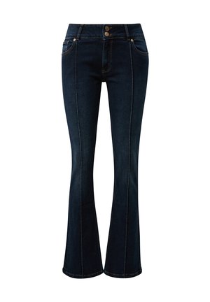 Dunkelblaue, hochtaillierte Jeans mit ausgestelltem Bein, vorderen vertikalen Nähten, zwei Vordertaschen und Bund mit doppeltem Knopfverschluss.