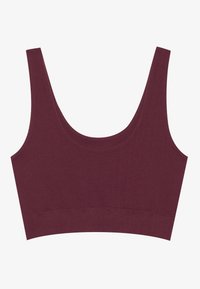 Bezrukávový burgundský crop tank top s okrúhlym výstrihom a širokými ramienkami, položený na bielej ploche.