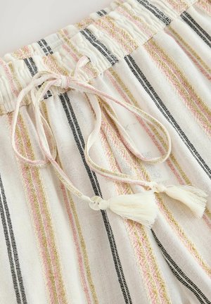 Krāsaina bārkstis pie jostas lentes kremkrāsas audumam ar izšūtiem vertikāliem svītrām melnā, rozā un bēšā krāsā.