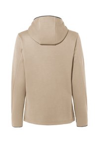 Beige Kapuzenjacke mit glatter Textur, langen Ärmeln und abgerundetem Saum. Versehen mit einem schwarzen Besatz um die Kapuze.