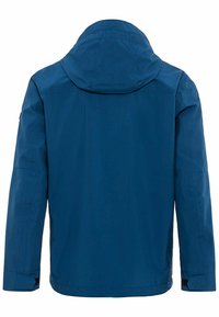 Blaue wasserdichte Jacke mit Kapuze, langen Ärmeln und verstellbaren Bündchen. Glatte Textur, einfaches Design, ohne sichtbare Muster oder Beschläge.