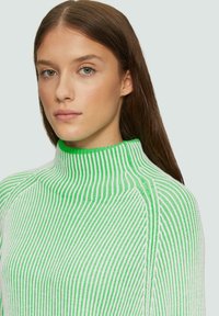 Grün-weiß gestreifter Pullover mit hohem Kragen und geripptem Textur. Leichtes Strickmaterial, figurbetontes Design und sichtbare Nahtdetails.