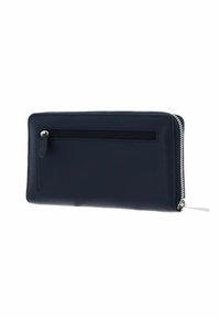 Navy leather wallet with a zip closure, slim rectangular shape, and a front zippered pocket. Smooth texture with silver hardware accents.