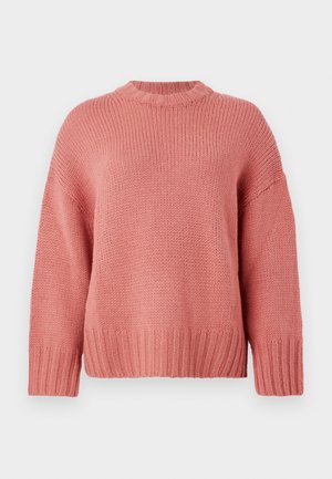 Pink knitted sweater with a round neck, dropped shoulders, textured fabric, and ribbed cuffs and hem. Loose fit and casual style.