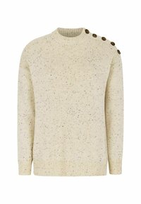 Pulover tricotat de culoare bej deschis, cu guler rotund, având o textură pârguță și butoane decorative pe umărul stâng. Mânecile și tivul sunt striate.