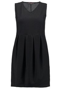 Abito nero senza maniche con scollatura a V, corpino aderente e gonna plissettata, lunghezza al ginocchio, realizzato in tessuto morbido.