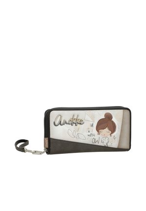 Portafoglio rettangolare con cerniera, fondo marrone, cinturino e illustrazione di una ragazza con chignon e scritta "Anekke" sul davanti.