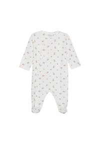 Cremfarbener Baby-Overall mit langen Ärmeln, versehen mit einem floralen Muster und einem gepunkteten Hintergrund; aus weichem, elastischem Stoff hergestellt.