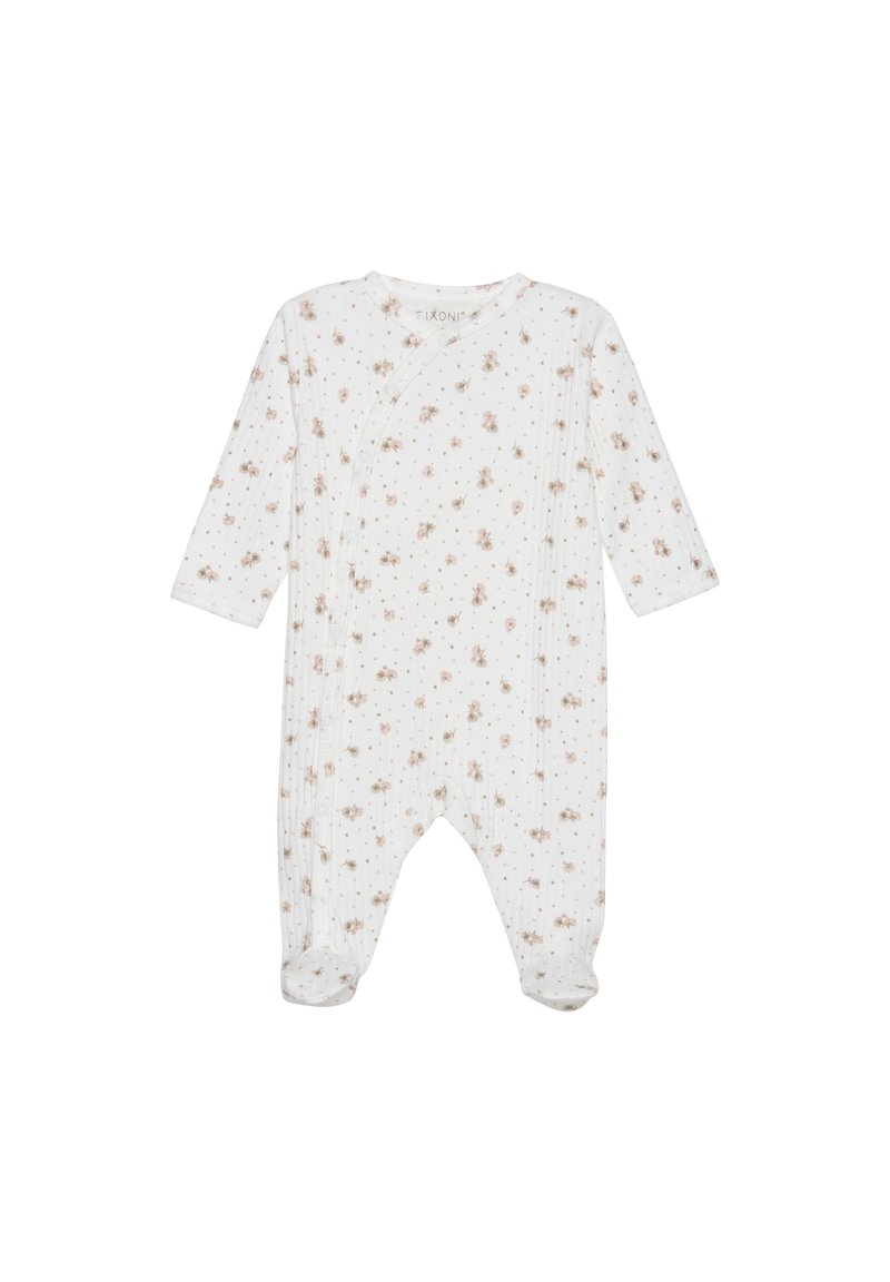Cremfarbener Baby-Overall mit langen Ärmeln, versehen mit einem floralen Muster und einem gepunkteten Hintergrund; aus weichem, elastischem Stoff hergestellt.