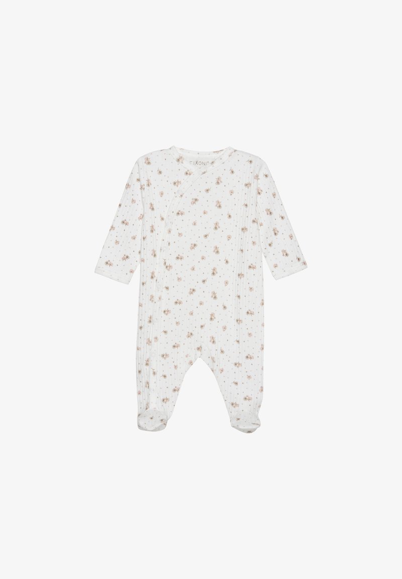 Bodysuit pour bébé de couleur crème avec des manches longues, présentant un motif floral sur un fond à pois ; fabriqué en tissu doux et extensible.