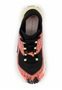 Black and coral athletic shoe with a mesh upper, lace-up design, and a textured sole. Features reflective accents and a lightweight structure.