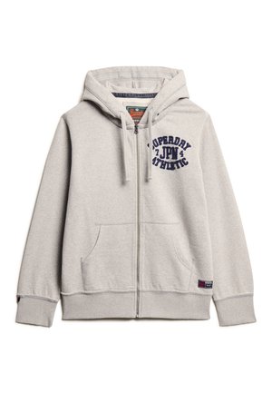 Grijze hoodie met rits, gemaakt van een katoenmix. Bevat een zak aan de voorkant, een capuchon met trekkoord en een marineblauw logo gedrukt op de borst. Geribbelde manchetten en onderrand.