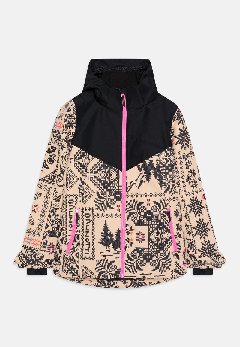 Veste beige avec motifs nordiques noirs, empiècement et capuche noirs, fermeture éclair rose vif et fermetures éclair des poches, manches longues avec poignets réglables.
