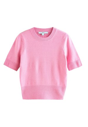 Maglione rosa a maniche corte realizzato in tessuto morbido, con colletto e orlo a coste, in un colore solido e dalla superficie liscia.