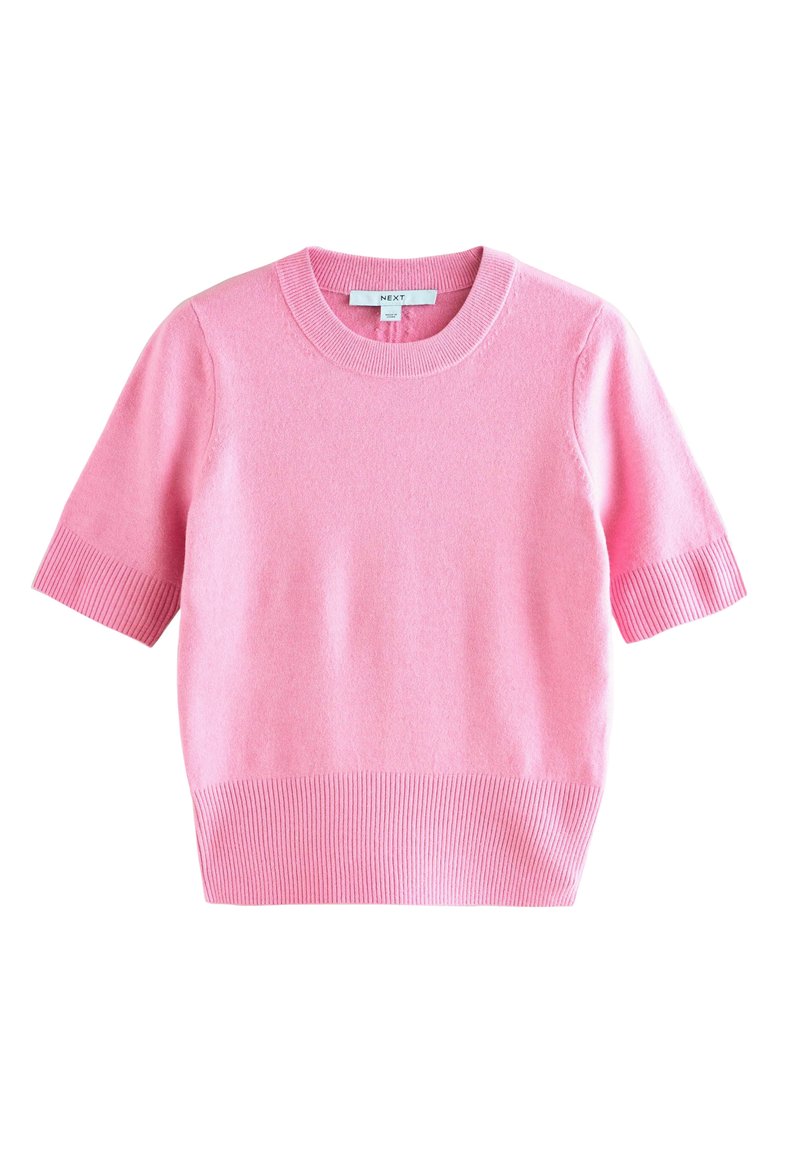 Short-sleeve pink knit sweater with a ribbed neckline and bottom hem. Soft texture with a fitted shape and minimal detailing.
