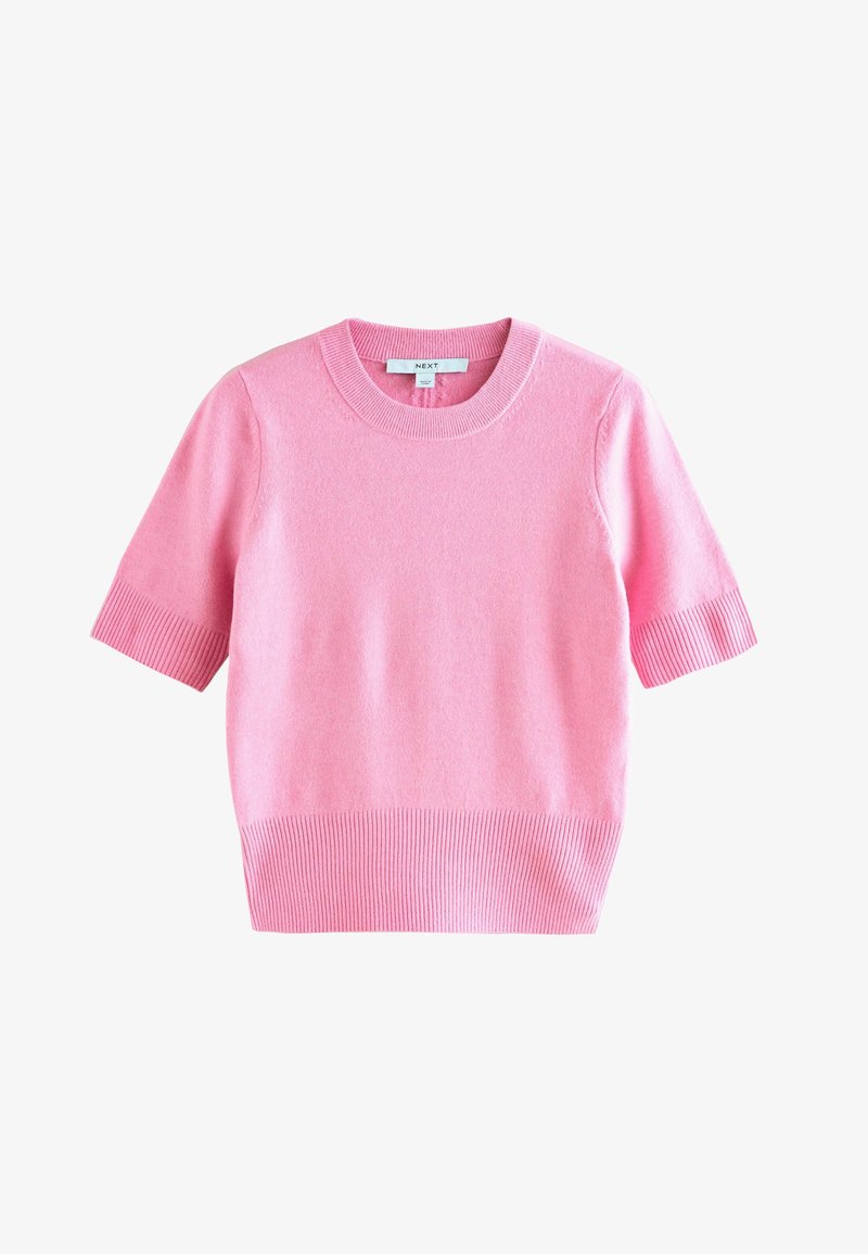 Short-sleeve pink knit sweater with a ribbed neckline and bottom hem. Soft texture with a fitted shape and minimal detailing.