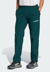 Turkise sportsbukser med elastisk talje, sidelommer og en hvid "TERREX"-logo på højre lår. Let, åndbart materiale.