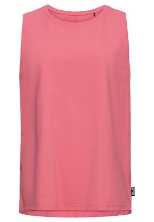 Débardeur rose sans manches en tissu doux, avec un col rond, un ourlet droit et une petite étiquette logo sur la couture latérale.