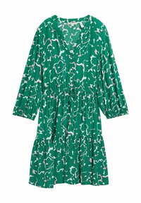 Vestido verde con escote en V, mangas largas y cintura con cordón. Presenta un patrón floral en rosa y blanco. Diseño de falda en capas.