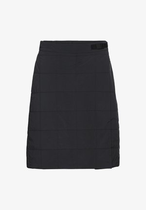 Zwarte geweven rok gemaakt van lichte stof. Heeft een effen patroon, rechte snit en een kleine zijsluiting met een gesp.