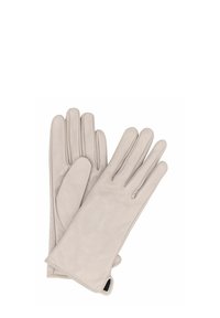 Para jasnobeżowych rękawiczek skórzanych z małym bocznym rozcięciem na nadgarstku, ułożonych płasko, z jedną rękawiczką lekko zachodzącą na drugą.